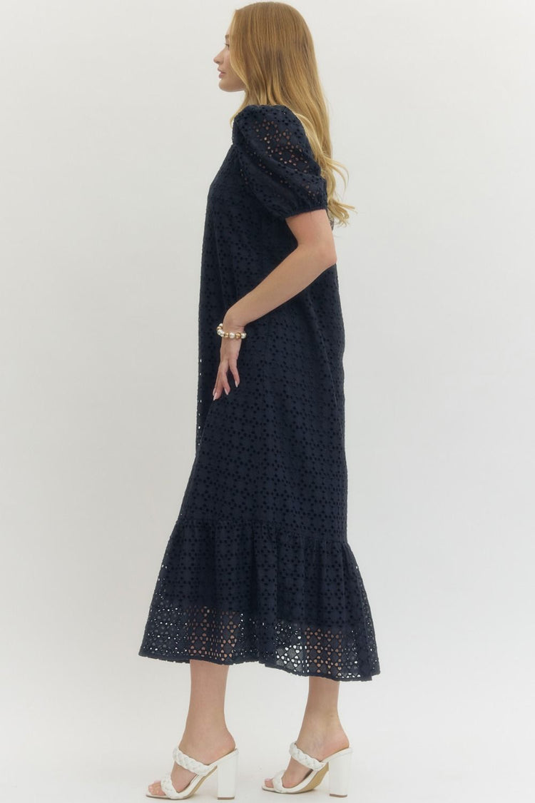 Navy Eyelet short puff sleeve midi dress