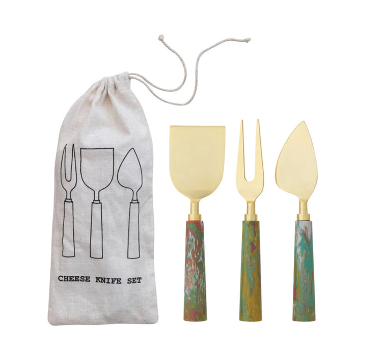Cheese Knives w/ Marbled Resin Handles, Set of 3 in Drawstring Bag