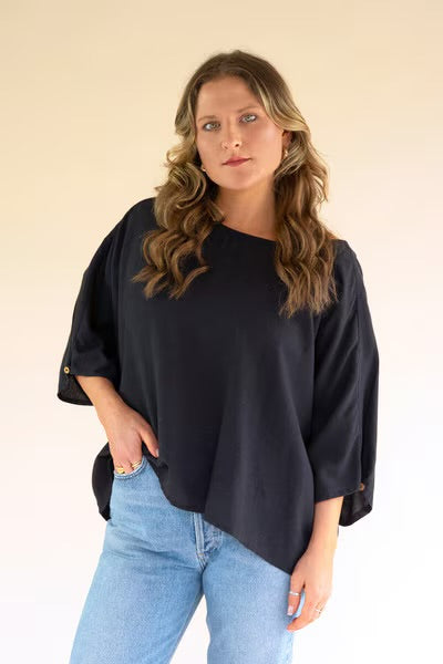 Short-Sleeve Blouse with Button Detail on Sleeves