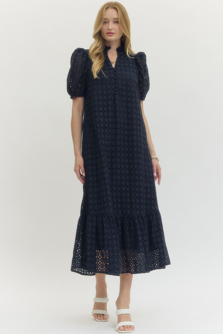 Navy Eyelet short puff sleeve midi dress