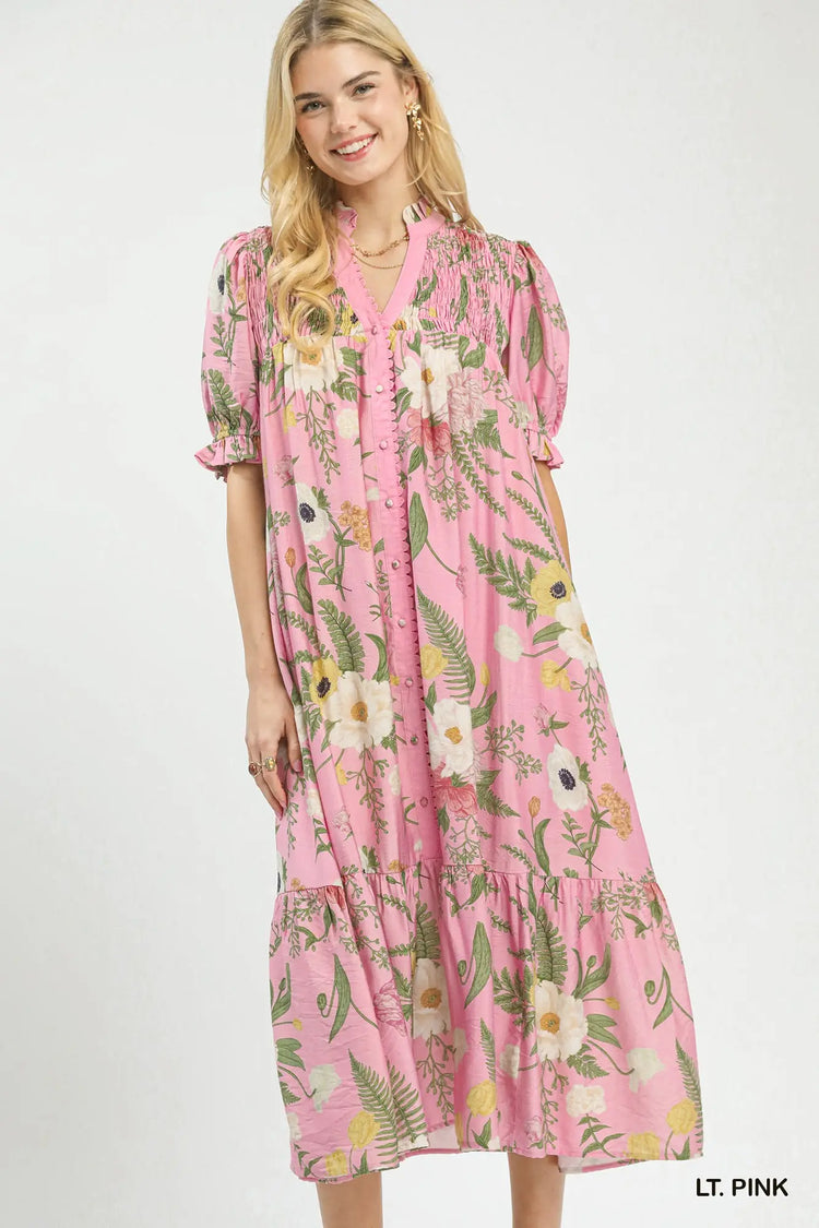 Pink Floral Smocked Button-Front Midi Dress