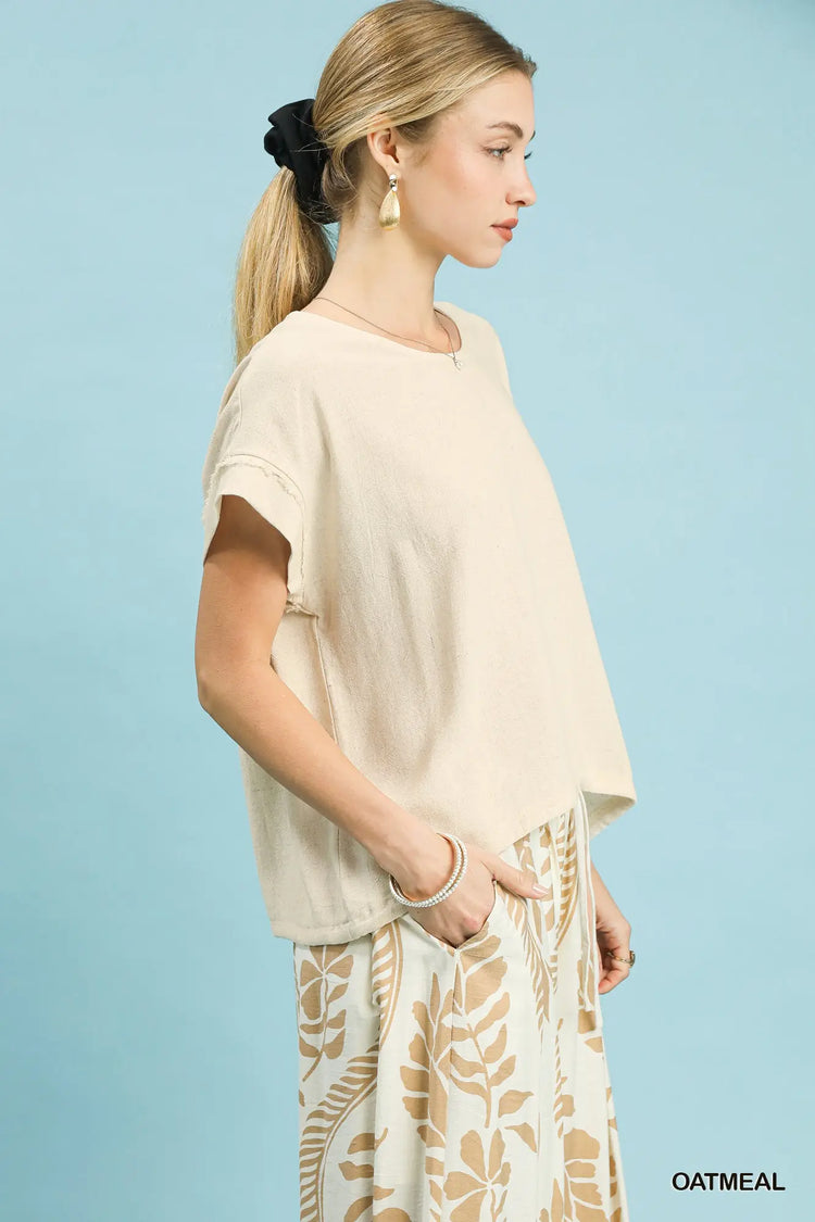 Oatmeal Drawstring Linen Blend Top