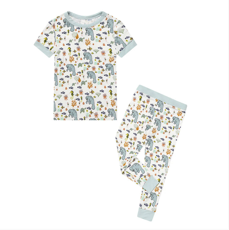 Manatee Two-Piece Bamboo Short Sleeve Pajama Set- White/Multi