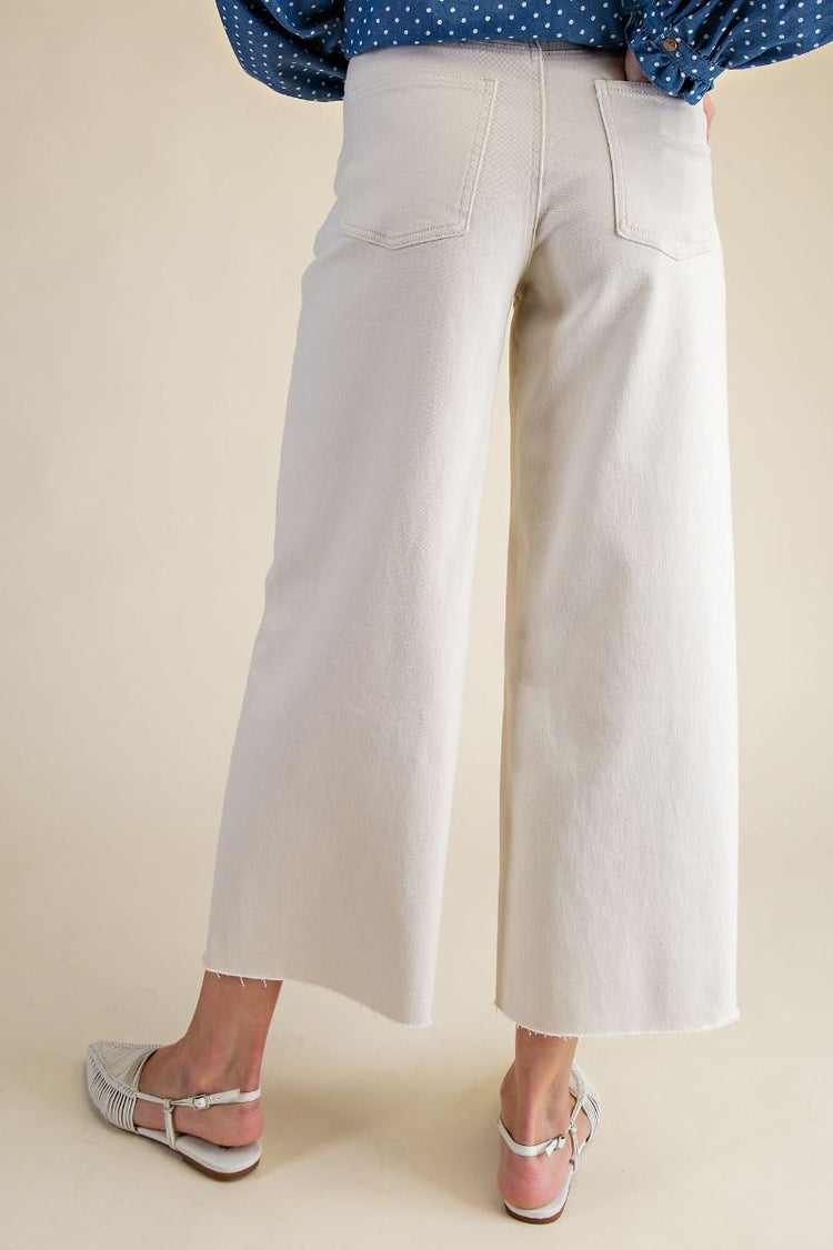 ECRU BUTTON FRONT ENZYME WASHED STRETCH TWILL PANTS