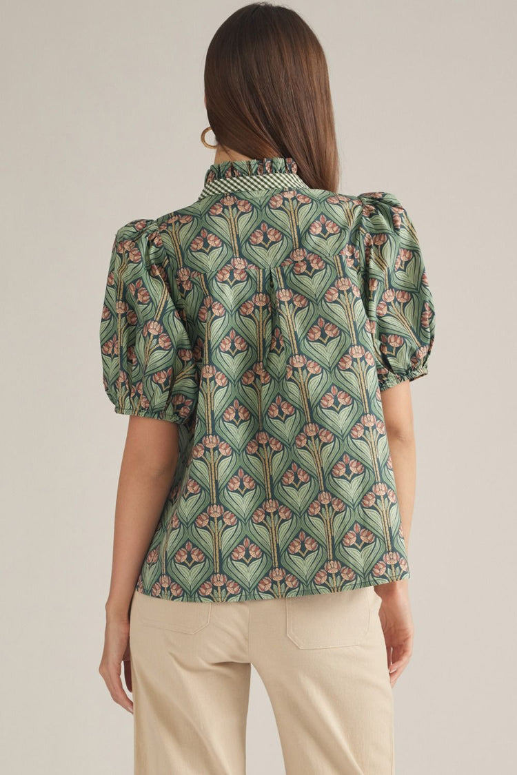 Hunter Green Print short puff sleeve top