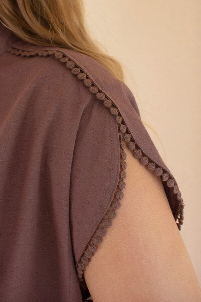 High-Neck Shortsleeve Blouse with Flat Pom-Pom Lace Detail / Mulberry