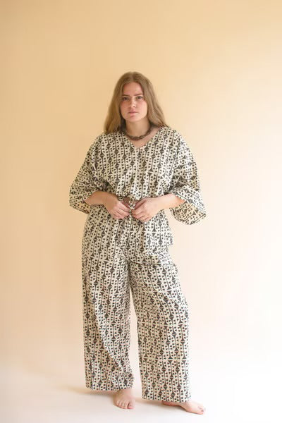 Printed V-Neck Blouse and Drawstring Pant Set