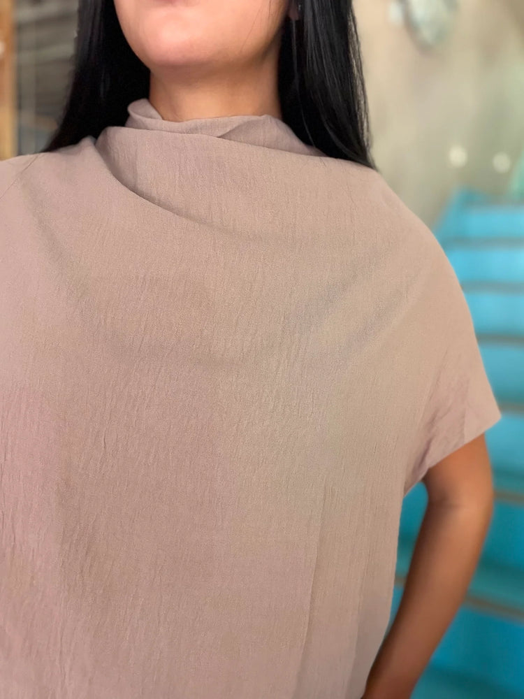 Latte Draped Mock Neck Oversized Blouse