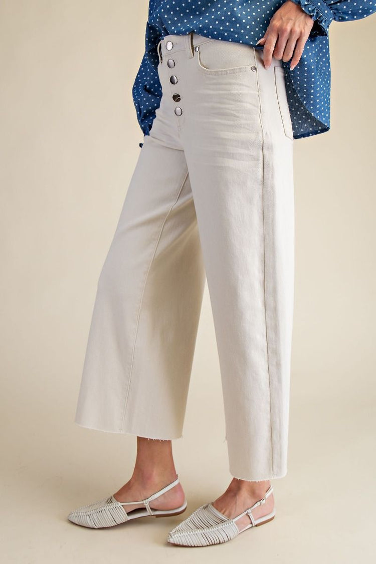 ECRU BUTTON FRONT ENZYME WASHED STRETCH TWILL PANTS