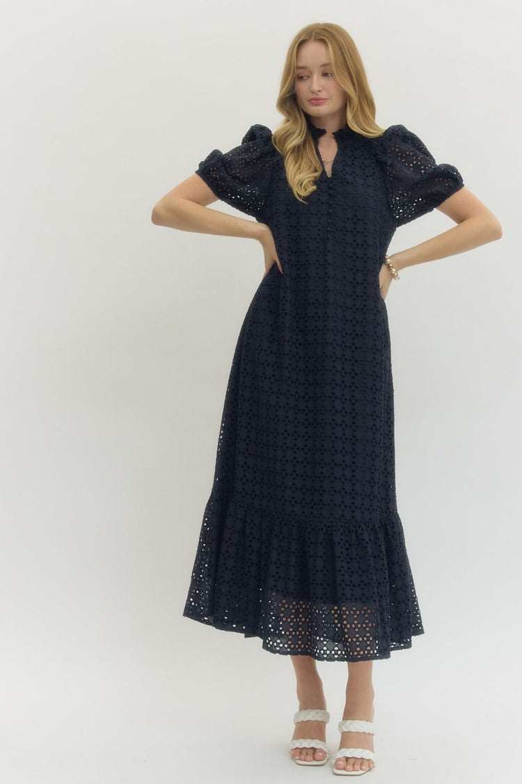 Navy Eyelet short puff sleeve midi dress
