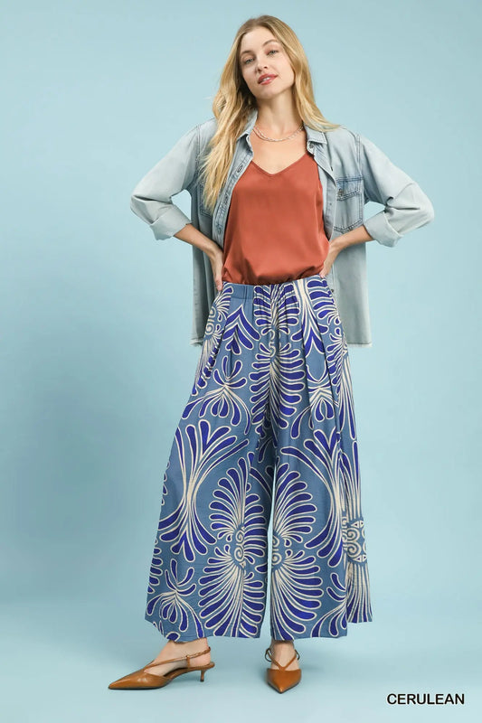 Cerulean Feather Print Wide Leg Pants