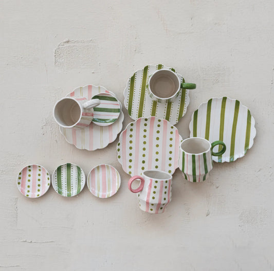Hand-Painted Stoneware Scalloped Plate with Striped Pattern, 4 Styles