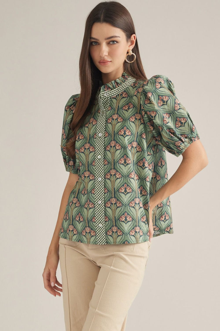 Hunter Green Print short puff sleeve top