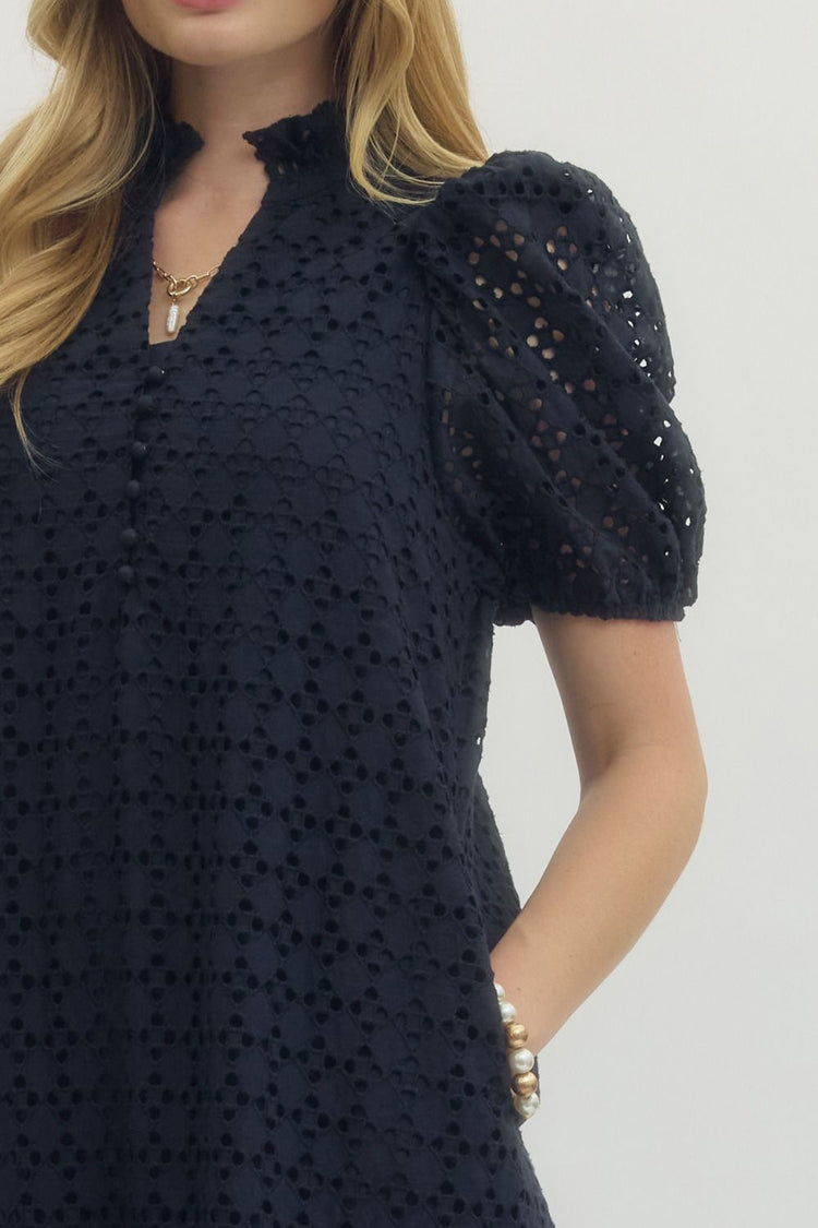 Navy Eyelet short puff sleeve midi dress