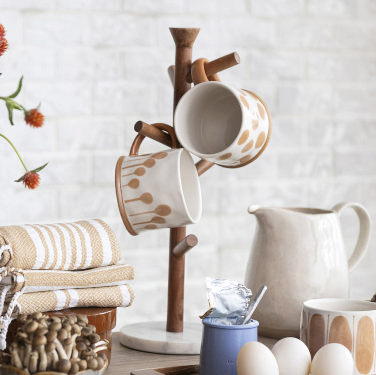 Mango Wood & Marble Mug Rack (Holds 6 Mugs)