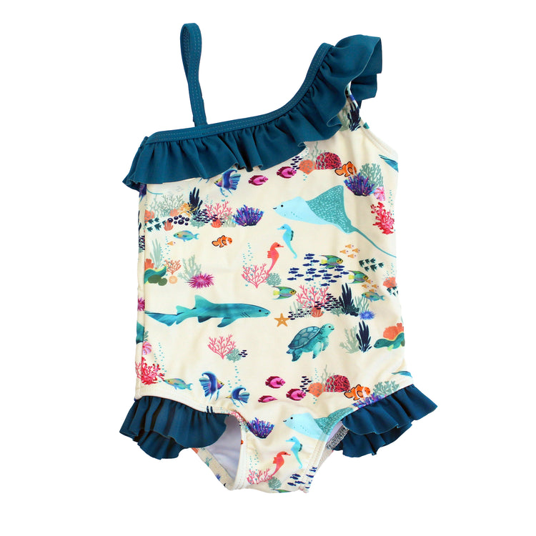 Coral Reef Ruffle Leg One Piece Girls Swimsuit: Blue/Multi / 2/3T