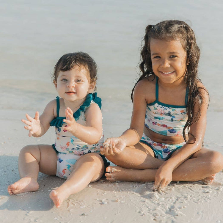 Coral Reef Ruffle Leg One Piece Girls Swimsuit: Blue/Multi / 2/3T