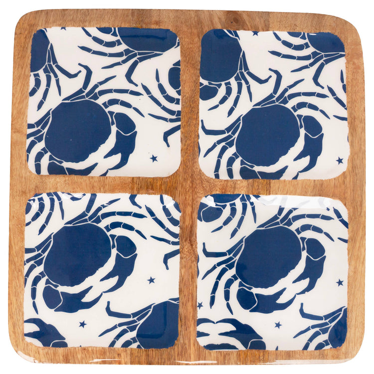 11.75" Dia. Navy Crabs Mango Wood 4 Sectioned Tray