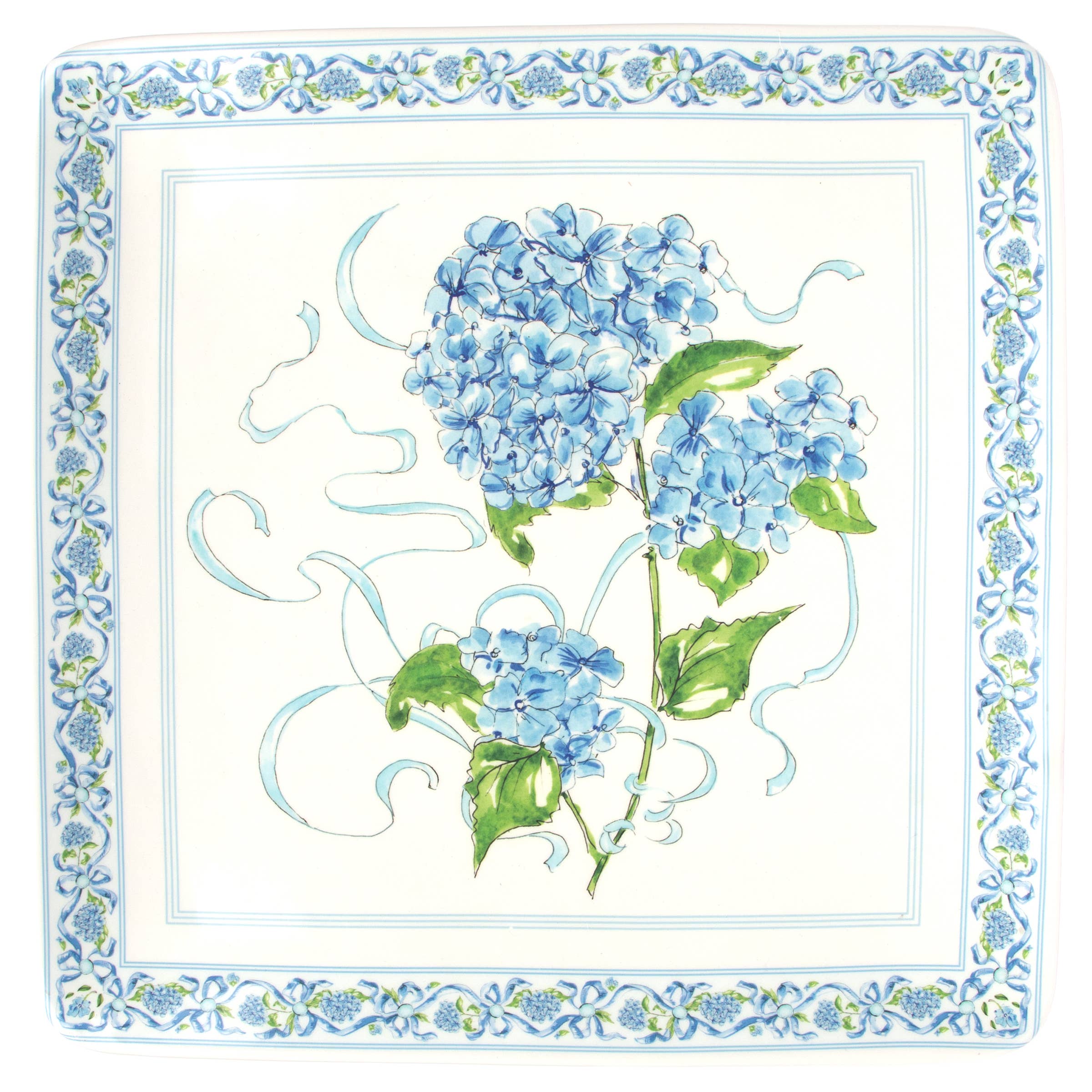 12" Blue Hydrangea Square Ceramic Platter Rosanne Beck