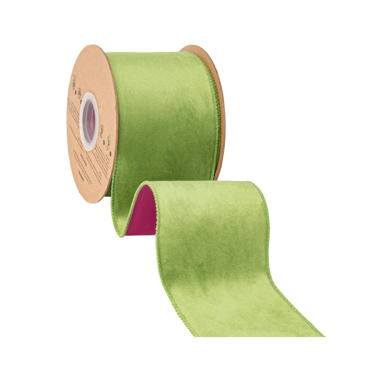 4" Wired Velvet Ribbon | Lime Green W/ Fuchsia Backing | 10 Yard Roll
